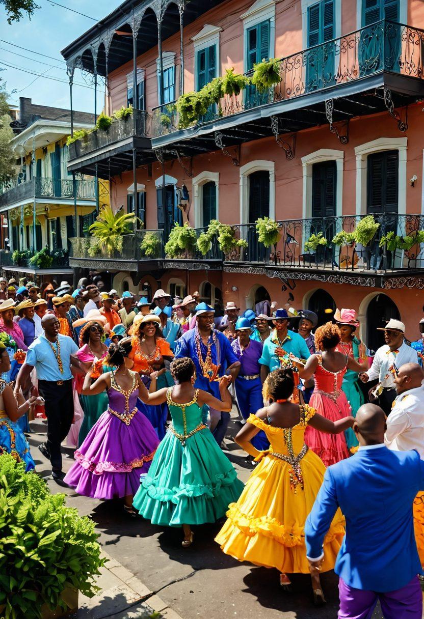 A vibrant street scene from New Orleans, featuring a lively festival with people dancing in colorful outfits. Include musicians playing jazz instruments, beautifully decorated houses with Mardi Gras beads, and lush greenery. The atmosphere should radiate joy and community spirit, capturing the essence of emotional health in a diverse setting. super-realistic. vibrant colors. 3D.