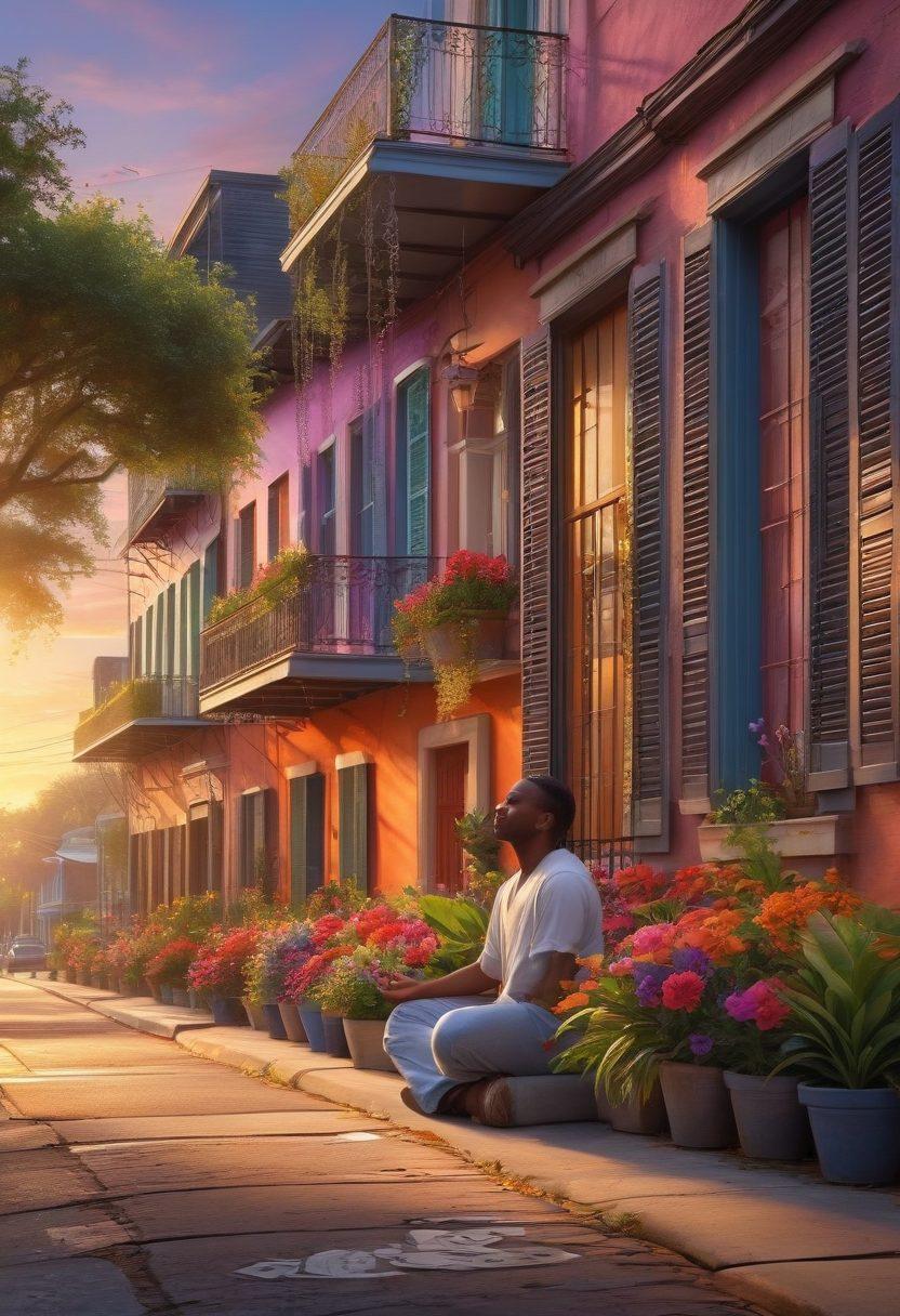 A serene New Orleans street scene at sunset, showcasing vibrant colors of the buildings and blooming flowers, with a joyful person meditating on the sidewalk surrounded by light. Elements of music notes and flourishing plants symbolize personal growth and positivity. The atmosphere exudes warmth and community. super-realistic. vibrant colors. 3D.