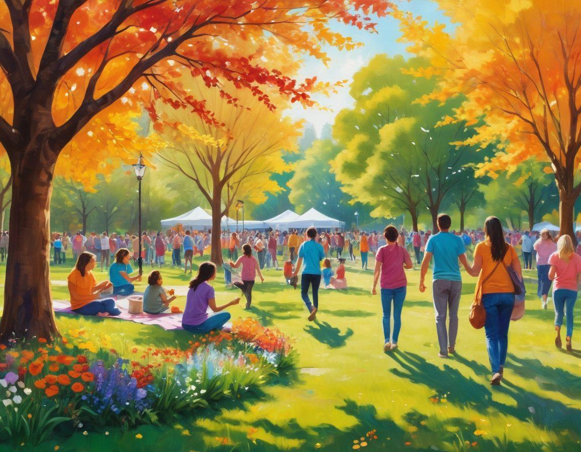 A vibrant community gathering in an outdoor park, featuring diverse individuals engaging in joyful activities such as laughter, music, and sharing food. A colorful banner reading 'Emotional Well-Being' is prominently displayed. In the background, nature thrives with blooming flowers and trees, symbolizing growth and connection. Bright, warm colors evoke a sense of happiness and togetherness. painting. vibrant colors. soft focus.